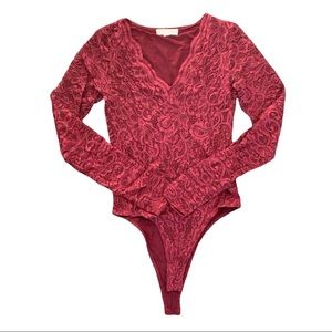 Burgundy lace, long sleeved bodysuit
